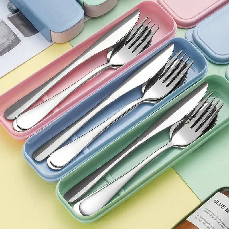 Portable Stainless Steel Cutlery Suit with Storage Box Chopstick Fork Spoon Knife Travel Household Tableware Set Camping Cutlery