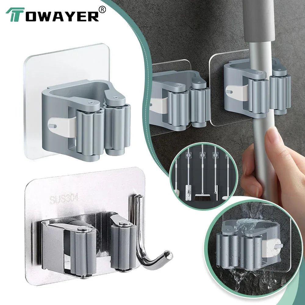 Wall-Mounted Multi-Purpose Hooks Mop Rack Mop Broom Storage Holder Clip Punch-free Bathroom Self-Adhesive Broom Organizer Hook