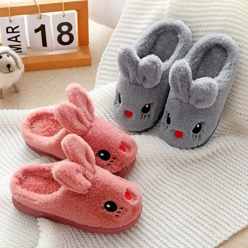 Children's Cotton Slippers Princess Warm Kids Winter Cute Rabbit Cartoon Indoor Furry Shoes Little Girl Soft Bottom Home Shoes