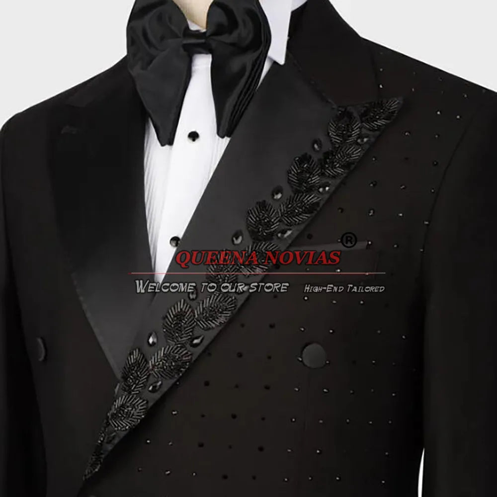 Black Mens Suits For Wedding  Crystals Beaded Jacket With Black Pants 2 Pieces Groom Tuxedos Custom Made Blazer Conjunto hombre