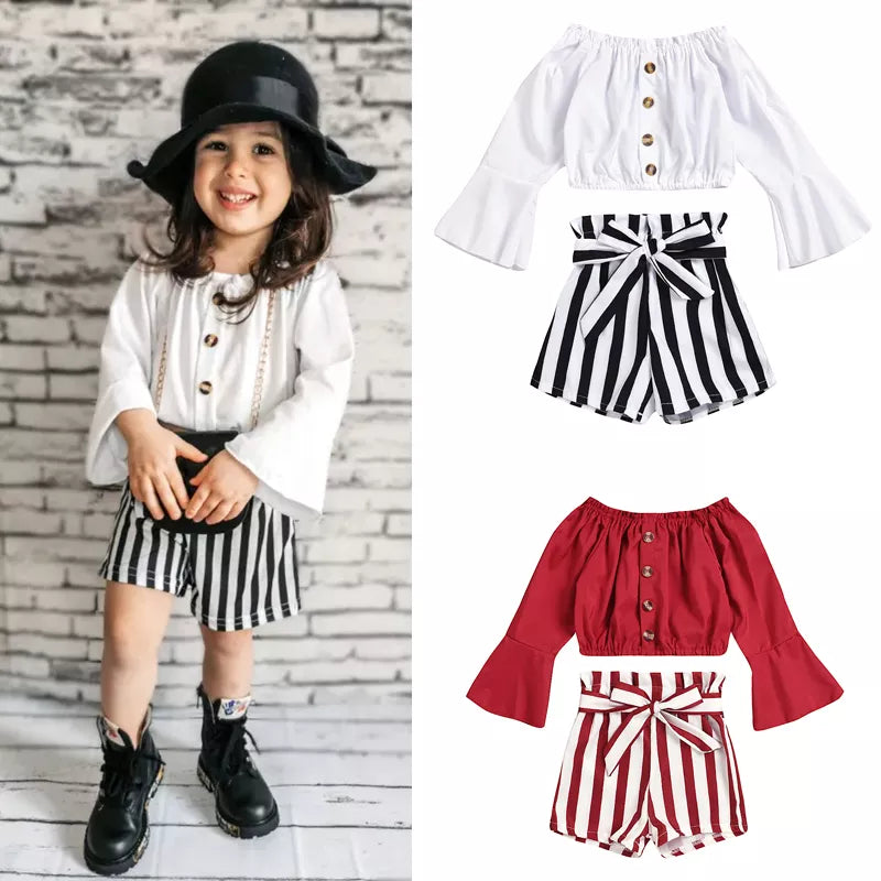 Summer Kids Girls Clothes Set Off Shoulder Elastic Tops Striped Short Pant 2Pcs Suit Baby Toddler Outfit Children Clothing A432