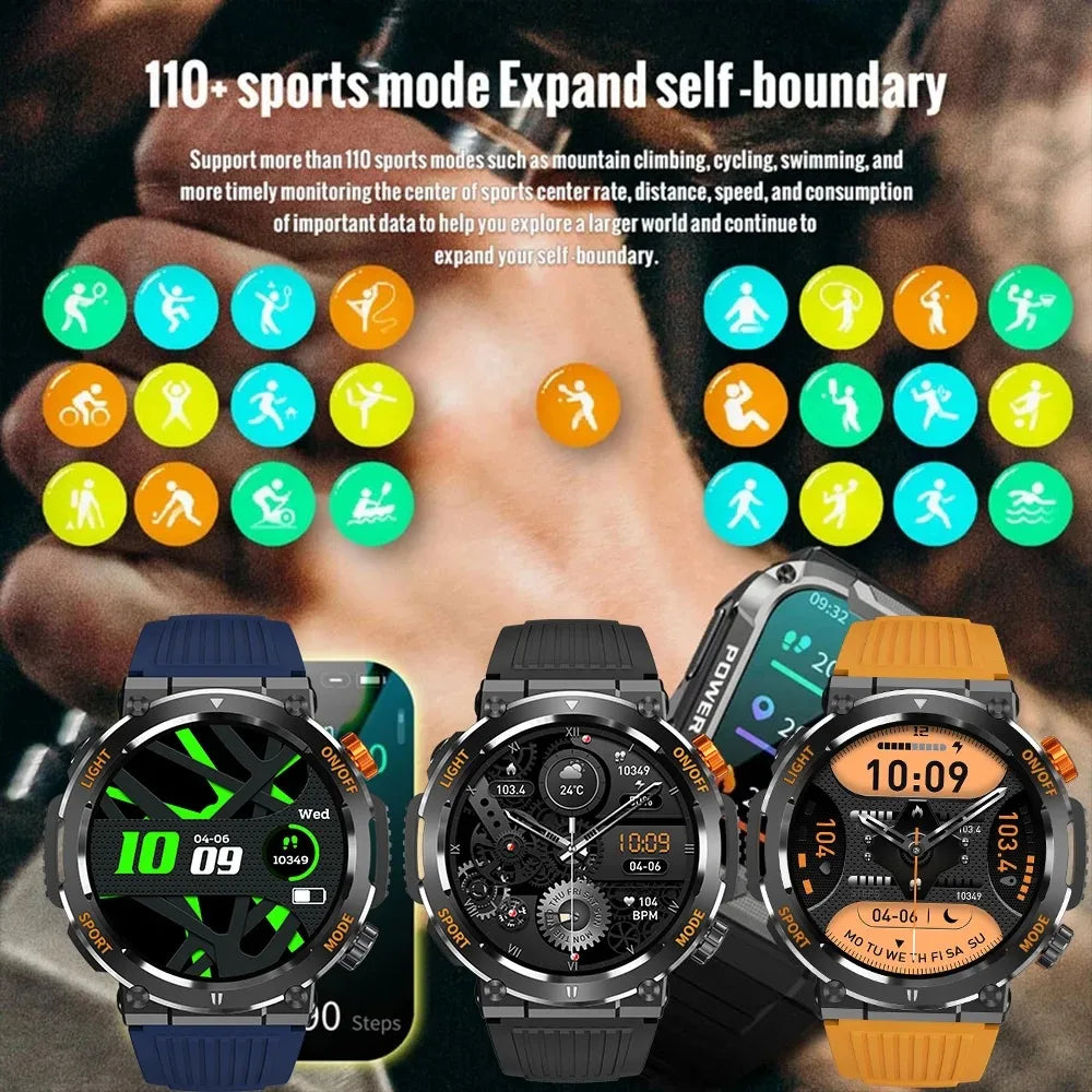 Montre connectée pour hommes, boussole, Sports de plein air, lumière d'urgence, étanche IP67, Bluetooth, appel, écran entièrement tactile, lampe de poche,