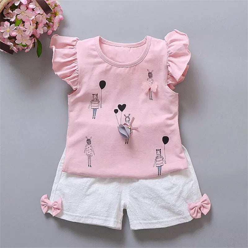 Summer Two Piece Girl Clothes Set Baby Outfit Ruffle Short Sleeve T-shirt Pant 2Pcs Suit Lovely Bow Children Casual Costume A515