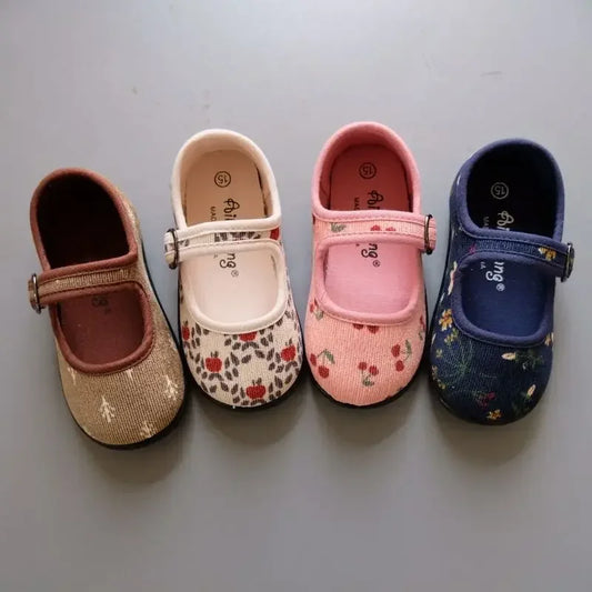 New Korean Version Corduroy Floral Canvas Shoes Girls Square Mouth Indoor Shoes Soft Soled Non-slip Baby Casual Shoes Zapatillas