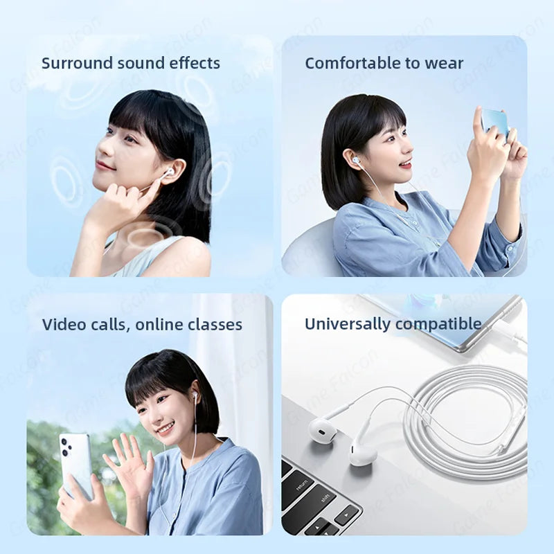 Half-In-Ear Wired Headphones HiFi Music Earbud Handfree Earphone Type-C 3.5mm With Mic For Android Samsung Xiaomi Tablet Laptops