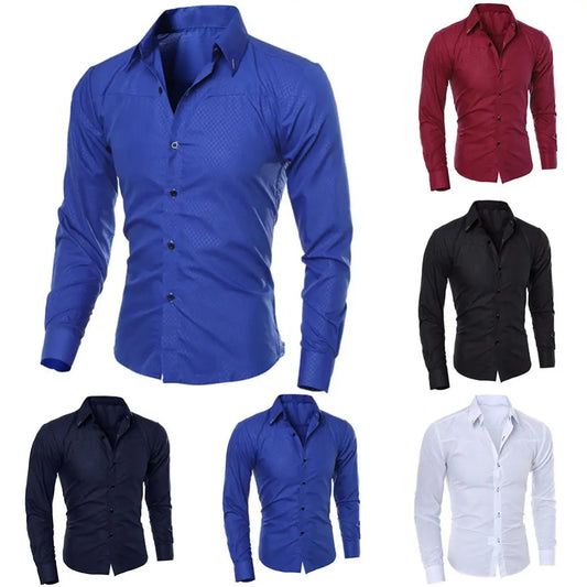 Men's Luxury Casual Social Formal Shirt Lapel Long Sleeve Slim Solid Color Male Business Dress Polo Shirts Blouse Shirt Tops