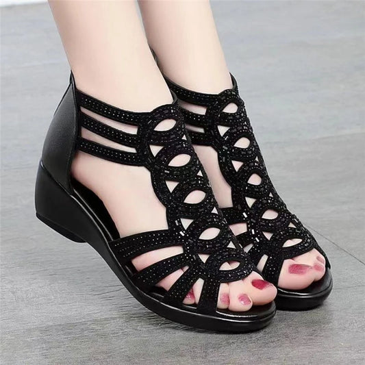 Soft Leather Roman Sandals Shoes For Women Summer Mother Wedges Heel Femme Sandalias Sandalet Sandalen Damen Zapatos Mujer 2023