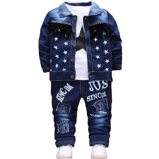 Baby Kids Denim Jacket Boys Coat Toddler Sport Clothes Suit Clothing Set Cotton Jeans Coat T-shirt Pants Star Tracksuit Children