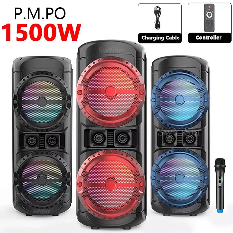 12 Inch Double Horn Subwoofer 125W Super Large Outdoor Bluetooth Speaker Portable Wireless Column Bass Sound with Microphone FM