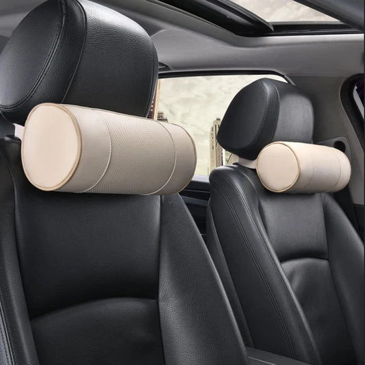 Oreiller cylindrique en cuir de vache pour siège de voiture, 1 pièce, mousse à mémoire de forme, coussin de colonne vertébrale pour le cou, chaise de bureau, tapis d'appui-tête pour BMW Benz