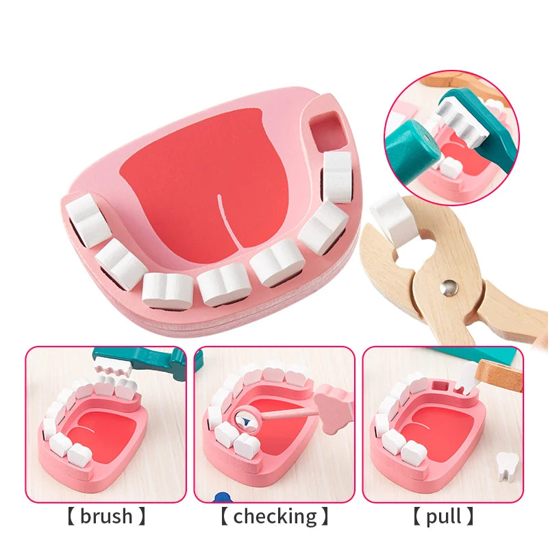 Wooden Pretend Play Kids Educational Toys Dental Check-Ups Doctor Set Simulation Medical Equipment Set Dentist Games Cosplay