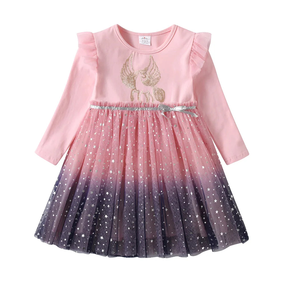 DXTON Filles Robes À Paillettes Enfants Robe Imprimé Licorne À Manches Longues Robe De Fête D'anniversaire Bambins Filles Tulle Robes De Princesse