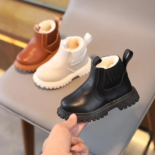 New 2024 Autumn Winter Baby Kids Short Boots Warm Girls Boys Shoes Leather Children Boots Fashion Plush Toddler Snow Boots Kids