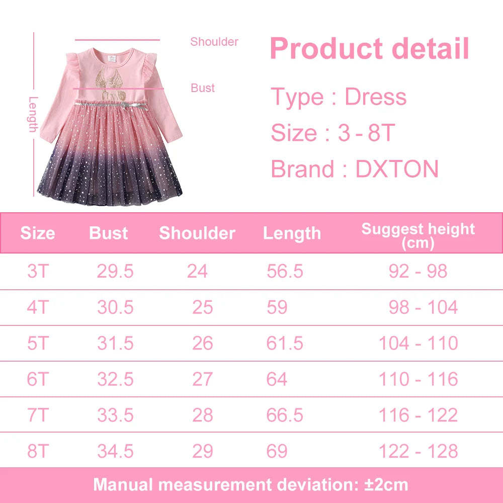 DXTON Filles Robes À Paillettes Enfants Robe Imprimé Licorne À Manches Longues Robe De Fête D'anniversaire Bambins Filles Tulle Robes De Princesse