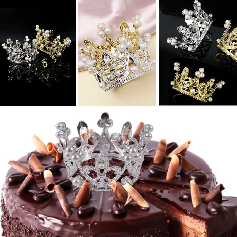 Couronne diadème en perles pour bébé, 5/1 pièces, Mini couronne dorée, garniture de gâteau pour arrangements floraux, décoration de douche, d'anniversaire et de mariage