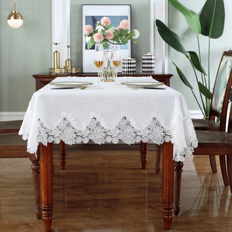 Table Cloth White Table Cover American Linen Cotton Table Juppe Tablecloth flower Fabric Nordic Tv Cabinet Lace Pattern Modern