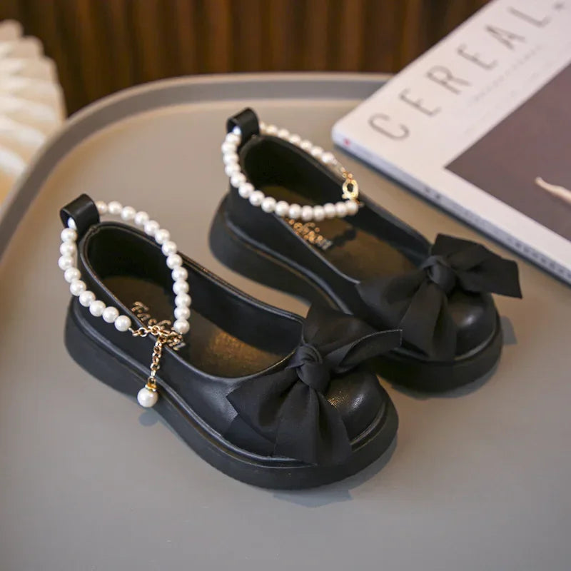 Children's Fashionable Black Leather Shoes with Pearl Chain Bow Cute Girl Mary Janes 2023 New Kids Versatile Wedding Party Shoes