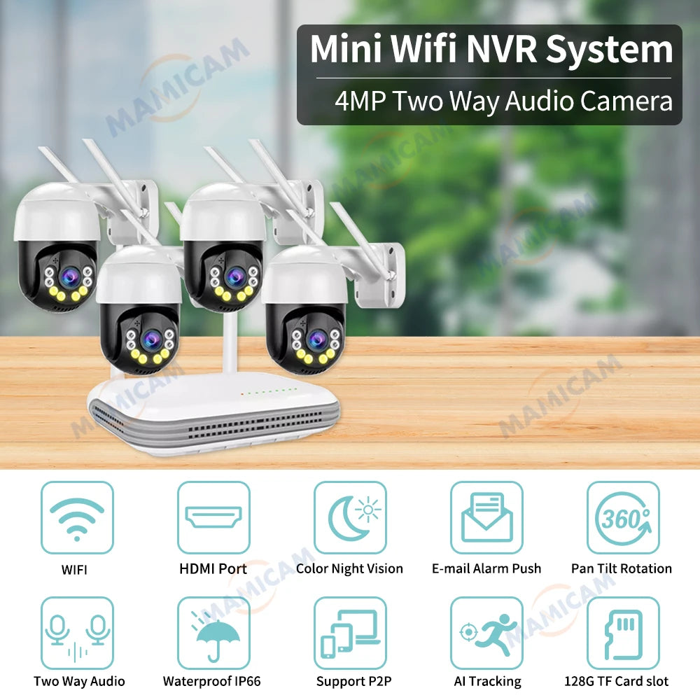 WIFI Wireless System CCTV Camera Kit H.265 4MP Outdoor PTZ Security Audio AI Face Detect 8CH NVR Video Surveillance Set ICSee_Winnie Lin