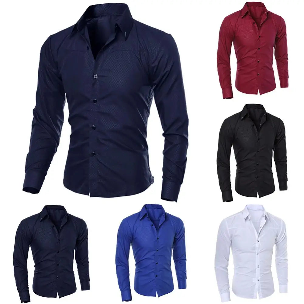 Men's Luxury Casual Social Formal Shirt Lapel Long Sleeve Slim Solid Color Male Business Dress Polo Shirts Blouse Shirt Tops