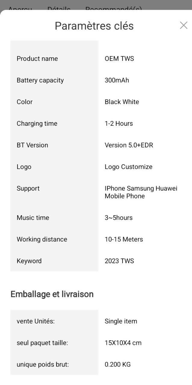 Écouteur bluetooth -Chine